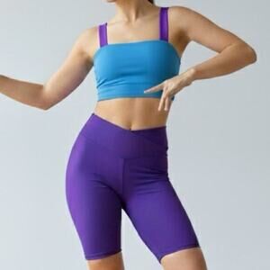 Theatricals 2 piece dance set Purple Bike Shorts Sports Bra crop top AXS NWT